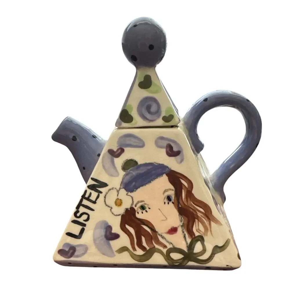 Vintage Hand Painted Ceramic Pyramid Shaped Teapot